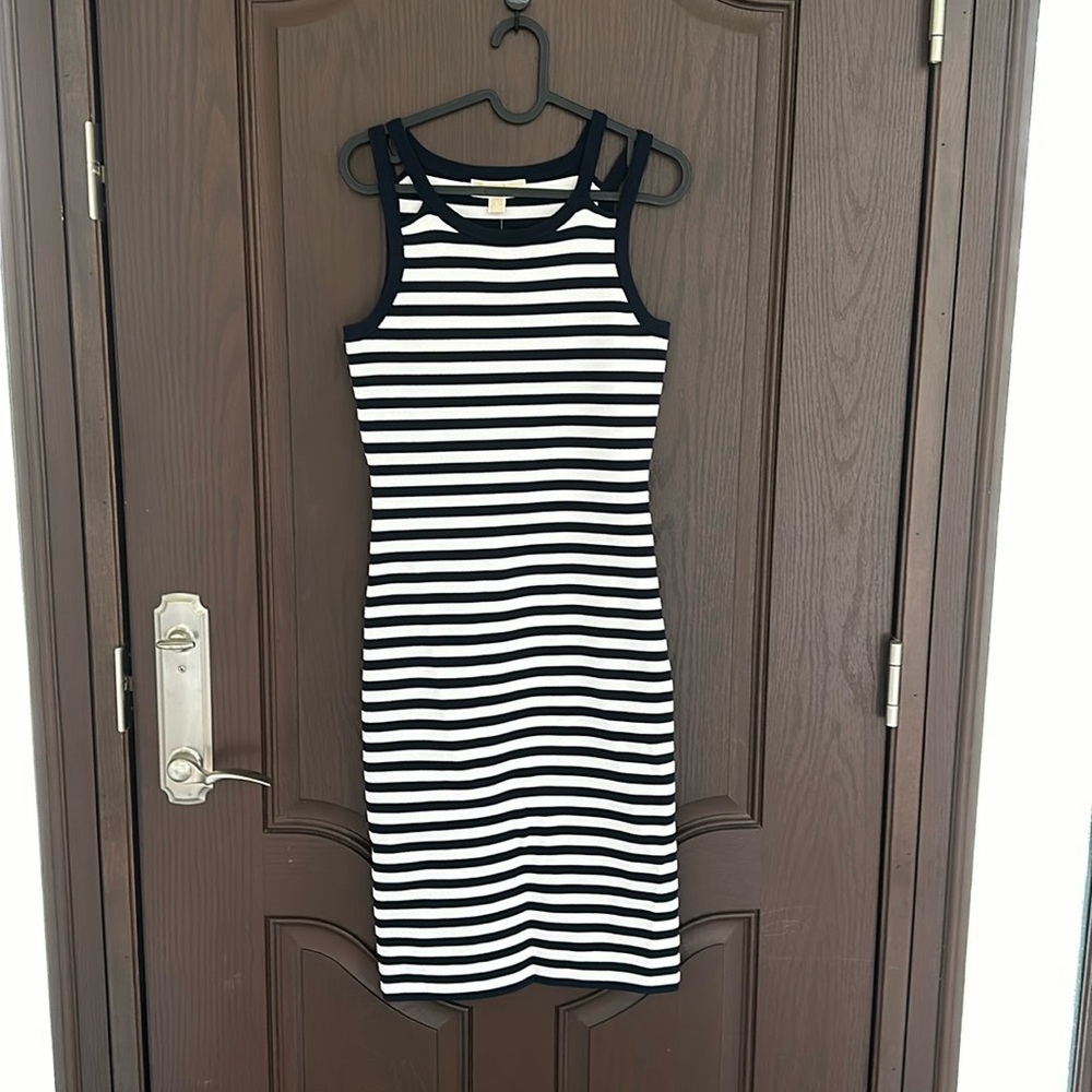 Michael Kors Striped Bodycon Dress Black White Sleeveless Knit Midi S NWT